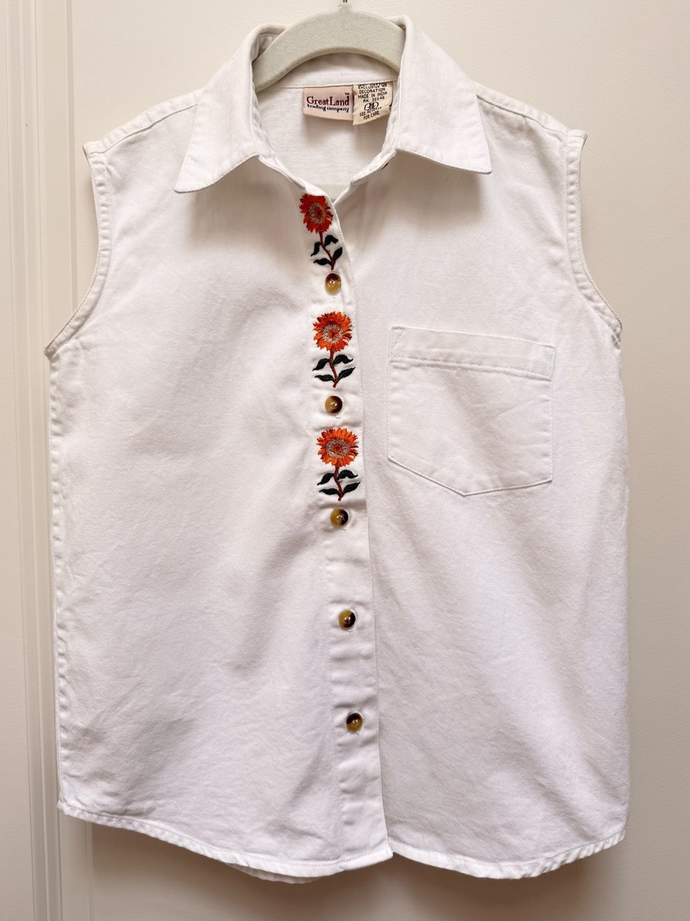 Vintage Girls Embroidered Sunflower Sleeveless Button Down Shirt Size M 7-8